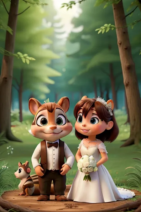 Two chipmunks getting married in the forest one wearing a tuxedo and a long white wedding dress. Forest animals all watching.