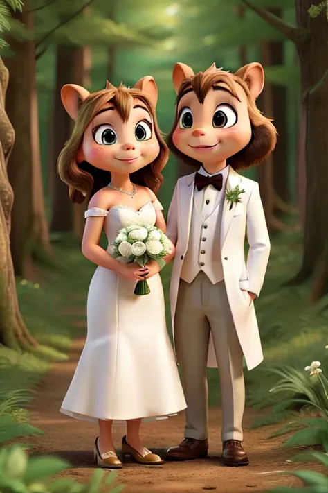 Two chipmunks getting married in the forest one wearing a tuxedo and a long white wedding dress. Forest animals all watching.