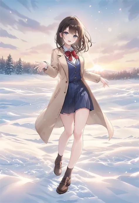 1girl, looking at viewer, school uniform, overcoat, Leather Shoes, in the school, with snow, full body shot, pose like a model, dynamic angle, 