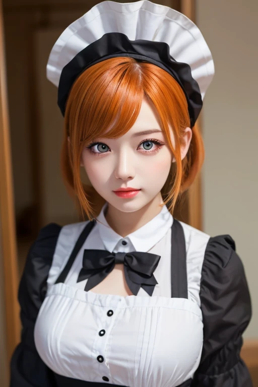 Masterpiece,  best quality ,faceup,  1 girl,  purple eyes,  orange hair,Maid headdress, Maid,