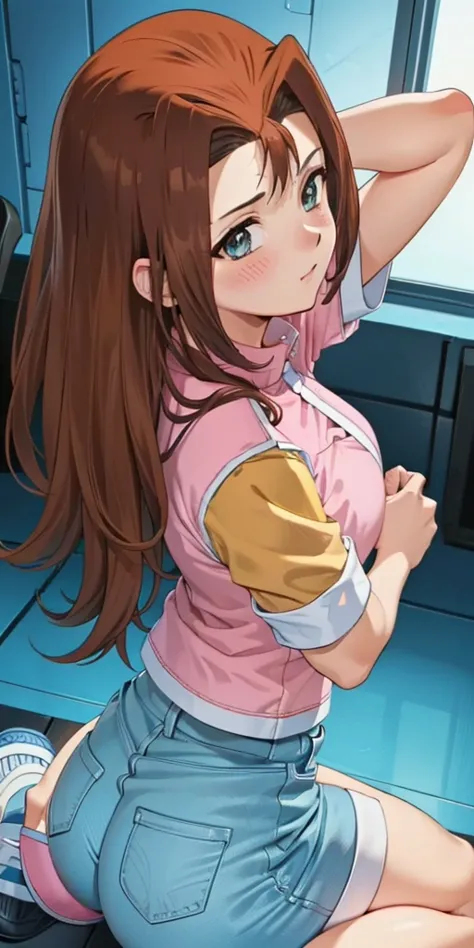    1 female,  High Definition,  High resolution ,      ultra-realistic      ,8K, serenidaddm   ,    long hair,    brown hair,       pink shirt   ,   blue shorts,    gray eyes, city,    blue sneakers   ,  big s,European,seunknowny,   {unknown}  Close-up of ...