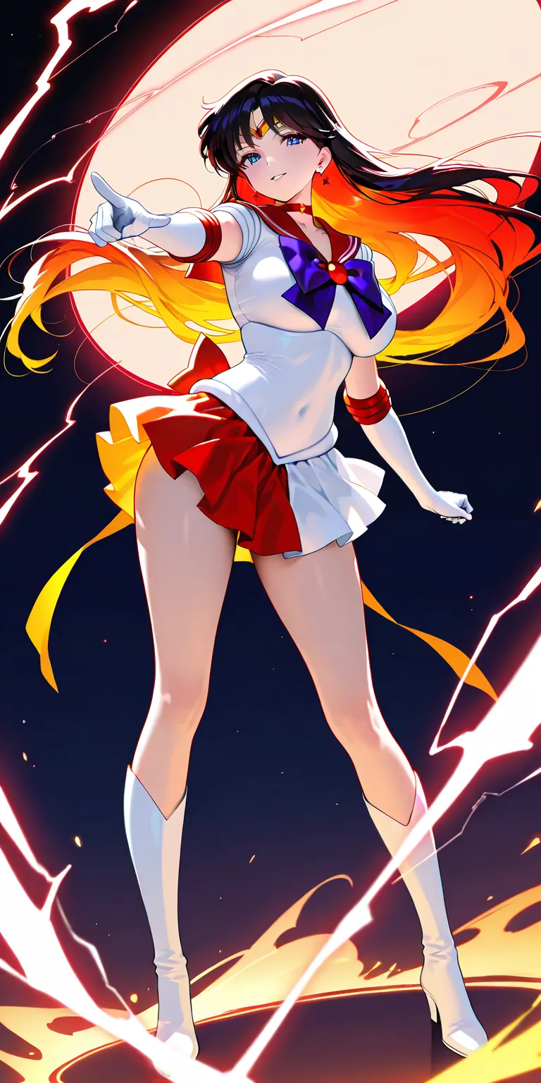 Masterpiece, elegant mature woman, sailor mars\(sailor mars\), tall body, big breast, white sailor senshi uniform (white shirt, white gauntlets, white skirt, white high boots, yellow ribbon on the hips, orange color in inner layer skirt), full body, parted...