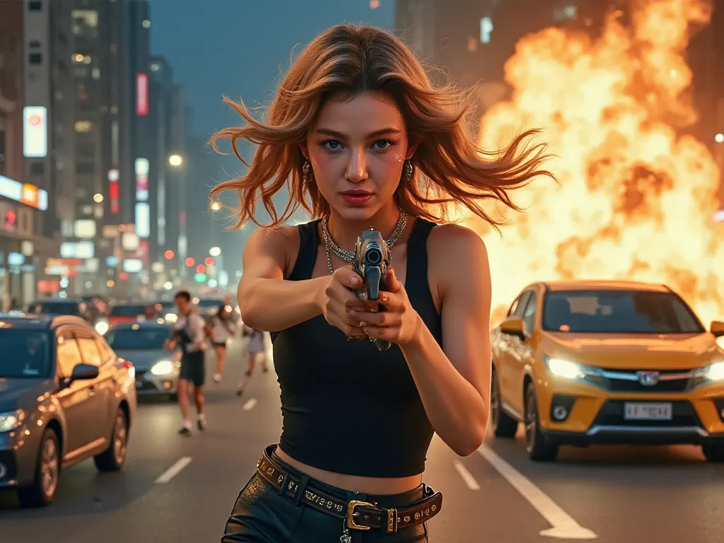  a woman ,blue eyes black eyebrows blonde hair, wearing black tank top, black leather pant, holding gun, in action shooting her gun at the enemy while sprint so fast from explosion, explosion behind her, cars burning ,building explodes, debris fly everywhe...