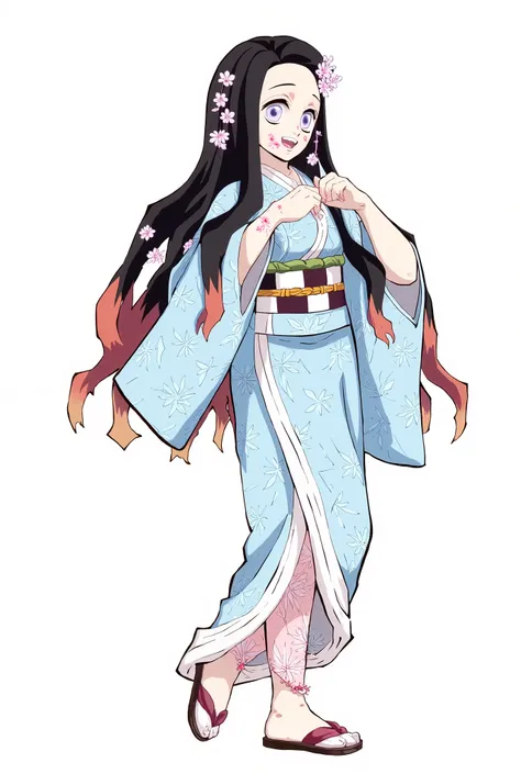 A female KNY character with long black hair with small flowers all over her hair a white flower as an ornament blue eyes with red paint on her eyelids light blue kimono with flowery red flip flops with black heels and the tips of her strong blue kimono sta...