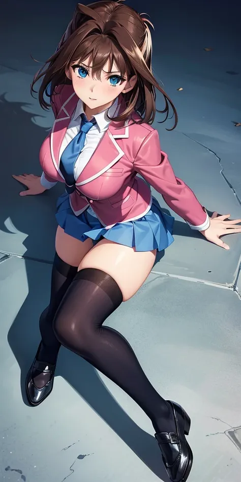      1 female,    High Definition,    High resolution ,          ultra-realistic          ,8K, aamazaki, ( capillary antenna    :1.2),  blue tie,blue eyes, (     pink jacket), blazer,     Long Sleeves Leather   , blue skirt,      Skinny skirt     ,      mi...