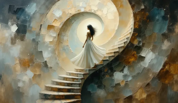 lone female figure in flowing dress ascending Escher-inspired spiral staircase, intricate geometric patterns merging with swirling Van Gogh brushstrokes, double exposure effect blending cosmic space and earth tones, oil painting with dramatic ink splashes,...