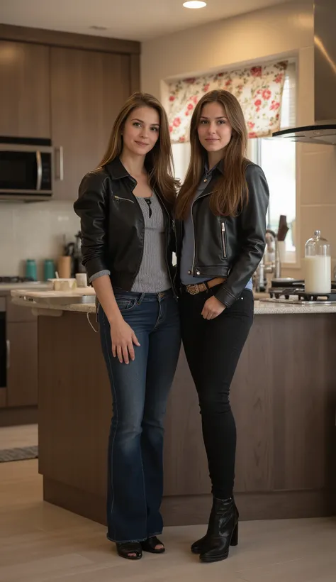 {Sexy Mother age 40 years, Size 69 inches, jeans and shirt outfit} and {Cute Daughter age 18 years, very young age, Size 66 inches, mid length hair, girly leather outfit} in the kitchen, posing facing camera