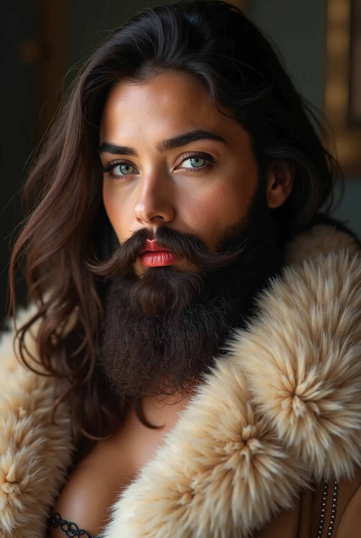 intricate detailed portrait of a brunette woman with a lush full beard, clean soft beard, hyperrealistic, intricate detailed facial features, beautiful eyes, beautiful make-up done with foundation and red lips, long eyelashes, soft lips, flawless skin, ele...