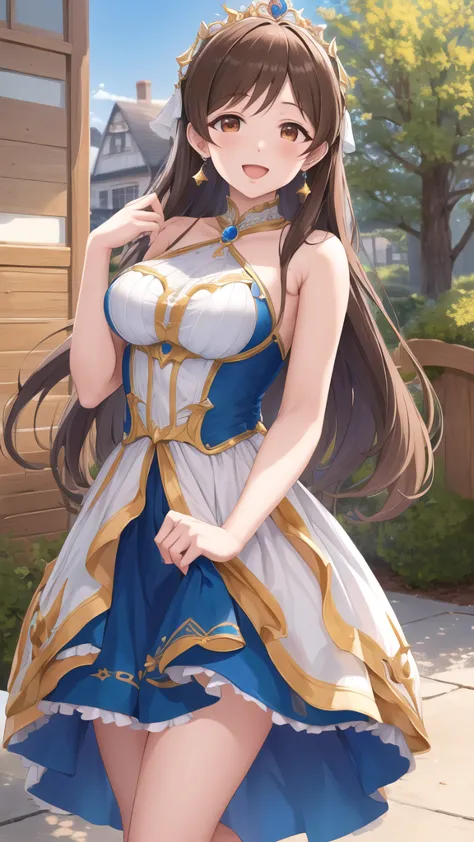 masterpiece, best quality, highres, aanitta, long hair, earrings, medium breasts, princess connect Re:Dive cosplay, princess Dress, standing, smile, open mouth, outdoors 