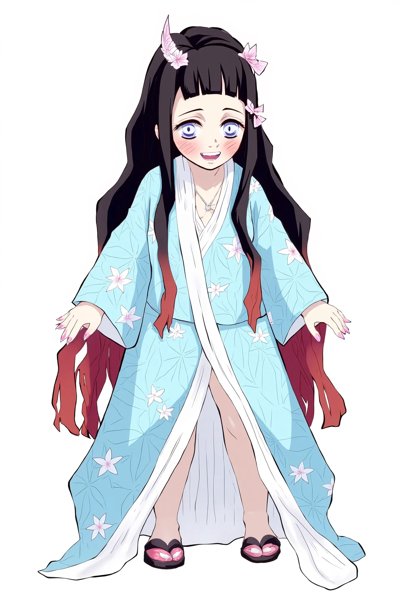 A female KNY character with long black hair with small flowers all over her hair a white flower as an ornament blue eyes with red paint on her eyelids light blue kimono with flowery red flip flops with black heels and the tips of her strong blue kimono sta...