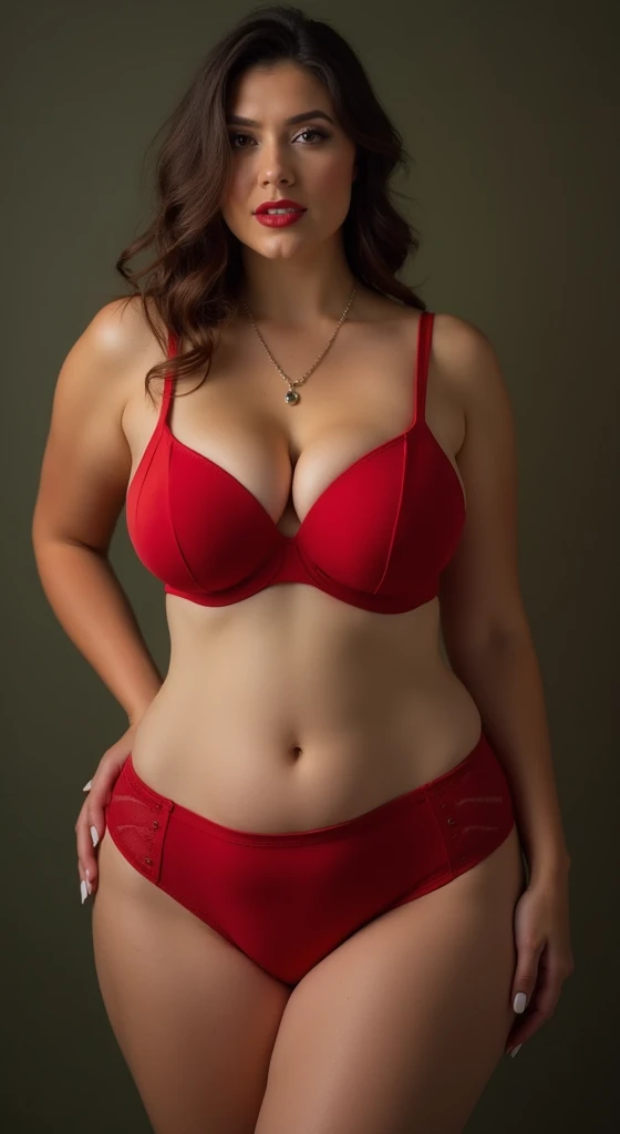 Create a hyper realistic image of a sexy, beautiful, fat woman wearing red pantie and red bra