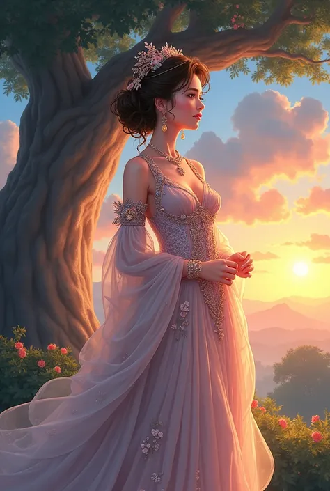  elegant mature young woman。 Full body front view、The skin is relatively white、Lavish clothing、 jewelry decoration、 Large tree、blue sky、clouds at sunset、Large garden、 the sunset is dazzling、 manga anime style 、 high image quality、masterpiece、