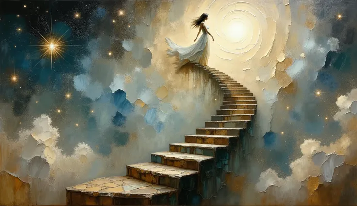 lone female figure in flowing dress ascending Escher-inspired spiral staircase, intricate geometric patterns merging with swirling Van Gogh brushstrokes, double exposure effect blending cosmic space and earth tones, oil painting with dramatic ink splashes,...