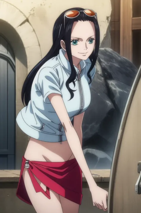 nicorob, Long Straight back hair, Big breasts, masterpiece, best quality, amazing quality,
1girl, Nico Robin, one piece, black hair, hair slicked back, long hair, blue eyes, blue jacket, short sleeves, crop top, eyewear on head, zipper, cropped jacket, sar...