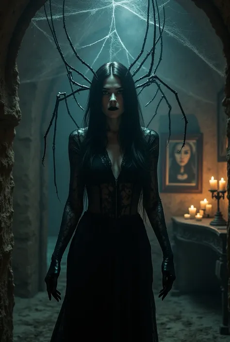 Dark gothic room, The walls are covered with cobwebs. In the center is a mysterious spiderwoman.  She has long black hair , pale skin and predatory eyes, Hanging around her thin spider legs. There are eerie portraits of people, entangled in a web.  mystica...