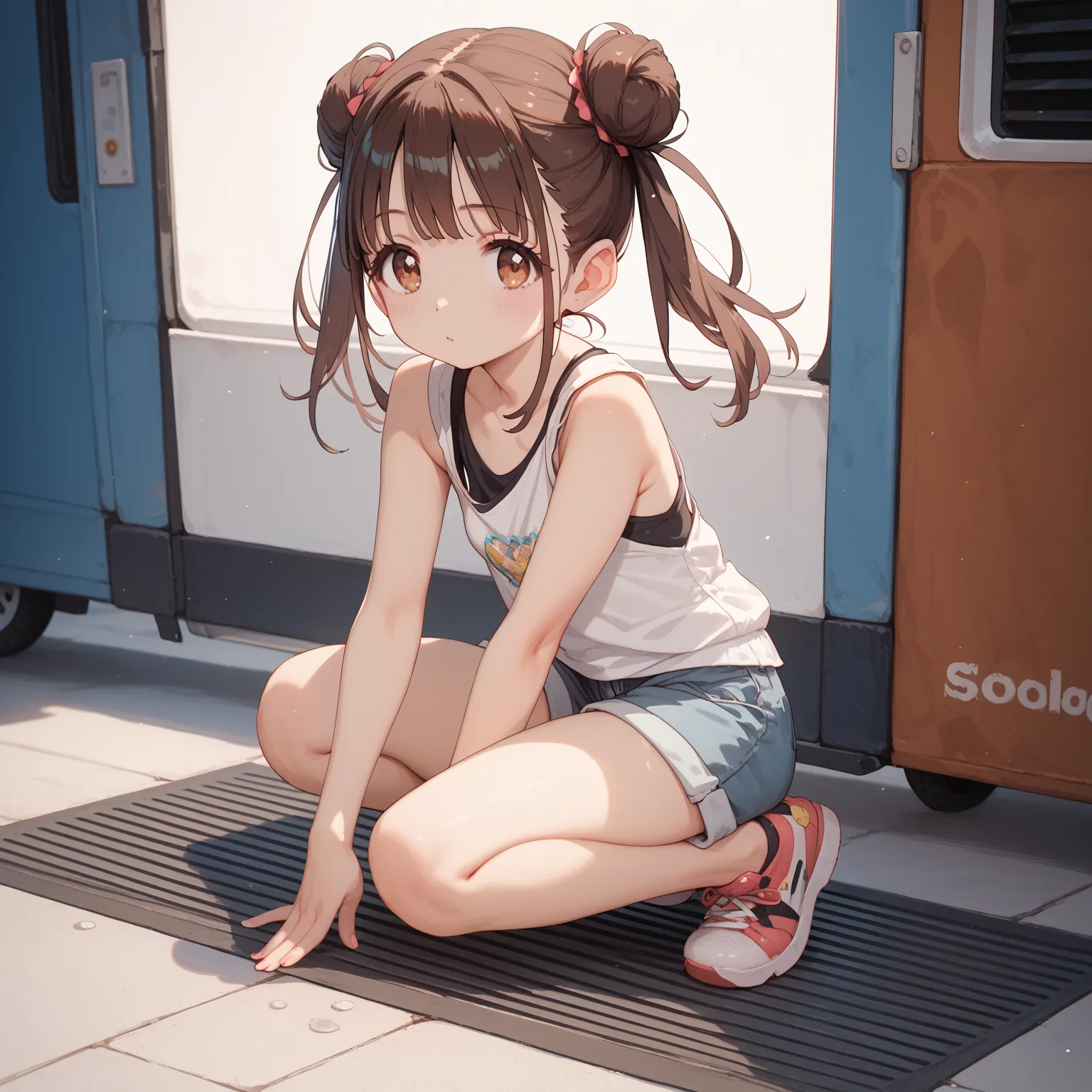 (shiny body=:1.0),(full body=:1.0),(1 girl,solo,sonoda chiyoko,double bun,twintails,brown eyes,brown hair=:1.0),(Tank Top and Shorts Set=:1.0),(ultra detailed,best quality,absolutely resolution=:1.0)