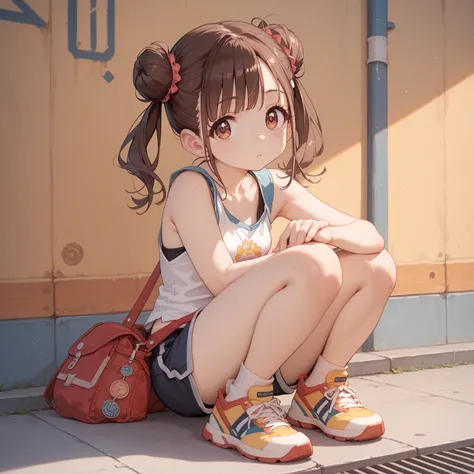 (shiny body=:1.0),(full body=:1.0),(1 girl,solo,sonoda chiyoko,double bun,twintails,brown eyes,brown hair=:1.0),(Tank Top and Shorts Set=:1.0),(ultra detailed,best quality,absolutely resolution=:1.0)