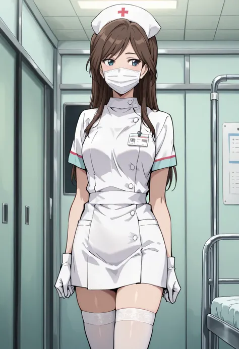 Score_9, score_8_up, score_7_up, source_anime, ippokyouka, solo, brown hair, long hair, blue eyes, (best quality), (high quality), {masterpiece}, extremely delicate and beautiful, ultra-detailed, beautiful detailed eyes, nurse, nurse hat, ((white nurse's o...