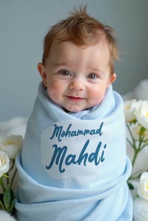 Create a photo for a baby boy covered with white and blue cloth, with white skin and his hair light brown, his eyes are light brown, let him be smiling, and let the font "Mohammad Mahdi" be written on the cloth, let him hold flowers 