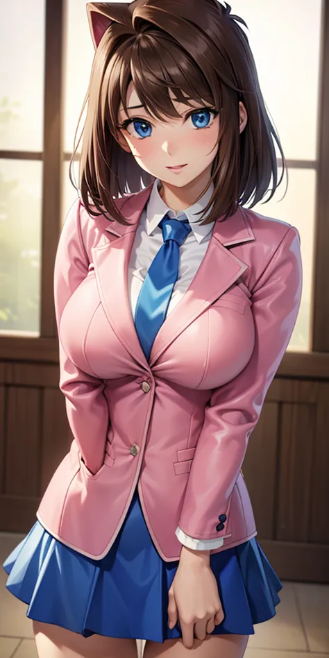   1 female, High Definition, High resolution ,    ultra-realistic    ,8K, aamazaki, ( capillary antenna :1.2),  blue tie,blue eyes,   pink jacket, blazer,  Long Sleeves Leather, blue skirt,   Skinny skirt  ,   miniskirt,European,sexy,  Close-up of the uppe...