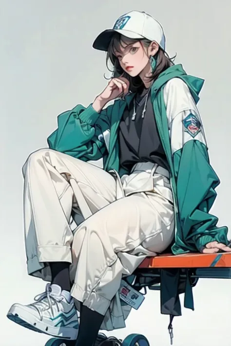 " A age woman in a casual style wearing a dark blue fluffy varsity jacket with white accents, white hoodie ,  and a bright black baseball cap with a blue round symbol in front of it .  He is sitting casually while holding a skateboard with bright green whe...