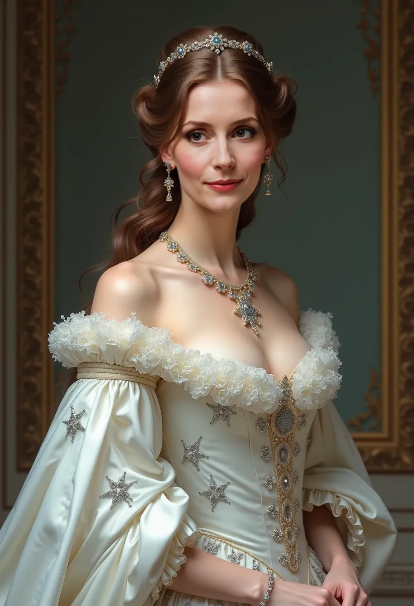 Create the image of this 40-year-old woman wearing a luxurious white dress with light blue stars like the one a queen wears in 1830 with jewelry and a beautiful necklace. It must be a coronation dress, so do your best!