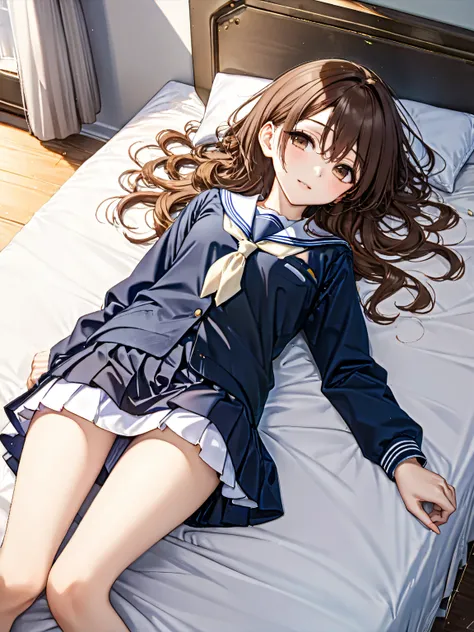 (a Brown haired girl,18-year-old  ), (Relaxing on the bed), (Very detailed, masterpiece, Highest quality, bright), (Anime Style).
(lying on the bed,full body shot:1.6),
high school uniform.
