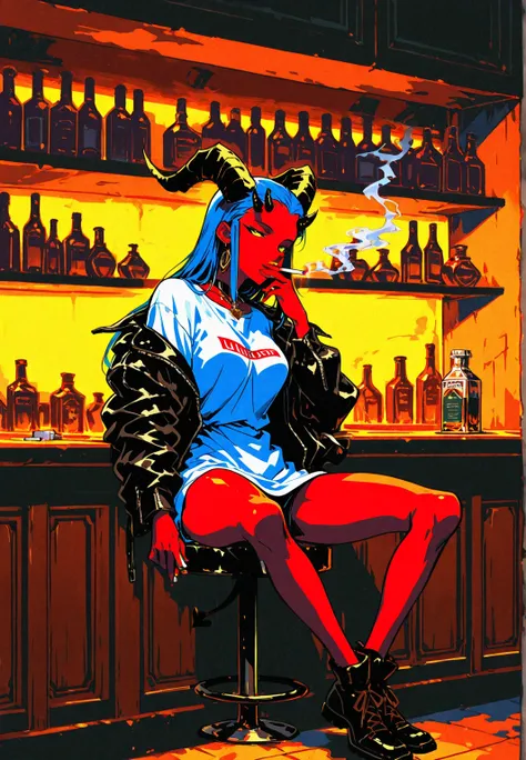  demon girl , red skin,  t-shirt, Horns ,  black leather jacket , average sines, Elegant Jewelry, Nostalgic, (Sitting at the bar counter) ((full body)), bar , windows,Cigarette smoke,  cigarettes ,  liqueurs . Night atmosphere