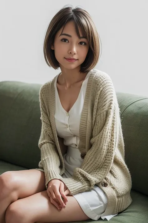 (8k, RAW photo, photorealistic, HQ, masterpiece), a cute Japanese woman, (glowing eyes), 
(shy Smile), brown hair, fluffy Pixie Bob hair, (White blouse, moss green cardigan, simple knee-length long skirt, Skirt that covers the knees), reading a book, Good ...