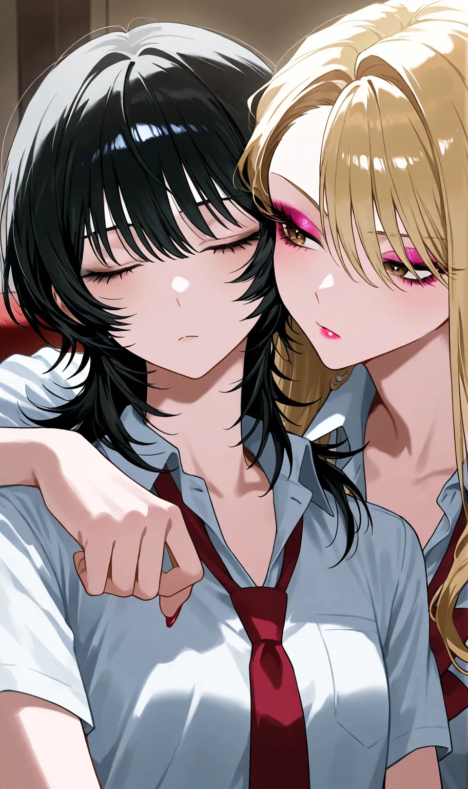 [makeup:1.3], gyaru, yuri, cool beauty, 2 women, black hair, wolf cut, long hair, small breast, slender body, sulking, sleepy rest, upper body, school uniform, head on another’s cheek,