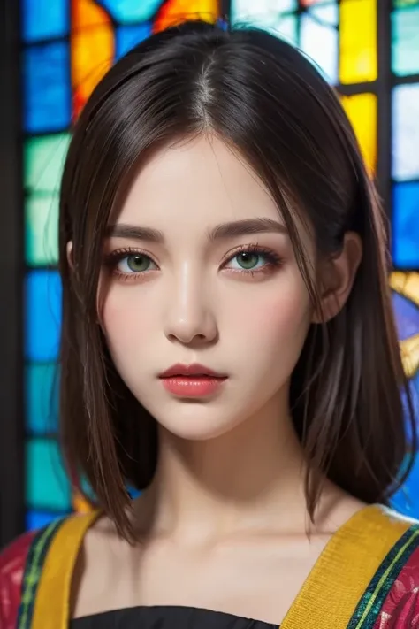 1 person, GREEN TOP ,  dark brown hair ,  stained glass painted by Van Gogh,  brightly colored , masterpiece,  top quality ,   detail eyes,  detailed lips , Detailed clothing, ( dark eyes: 1.2),  very realistic face ,