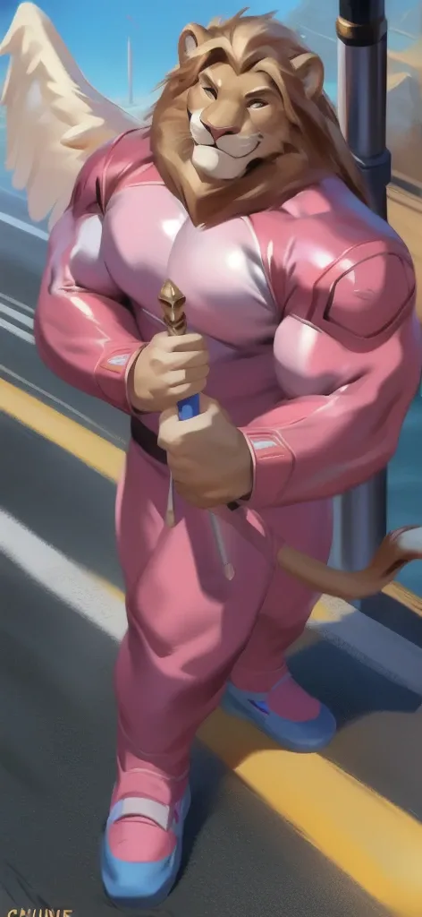  alone, male Tall​,huge​ body​, stand,Holding the magic staff of an angel., road,lion pig​,  pink military spacesuit,  heavy overload,  muscle bundle, smirking,by chunie ​