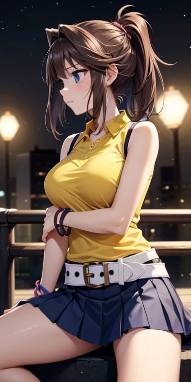  1 female,High Definition,High resolution,  ultra-realistic  ,8K, bbmazaki ,  ponytail ,  hair cap, blue eyes,(( yellow shirt)),collar,   Sleeveless , bracelet,  belt, falda rosa,  Skinny skirt ,  miniskirt,European,sexy, Close-up of the upper body,  photo...