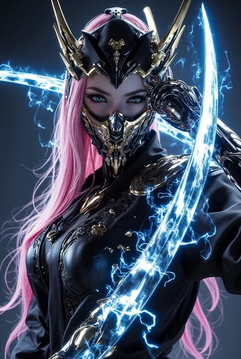   very well detailed,    high quality,  high resolution, 4K.16k,  Beautiful Faces of Beautiful Women、 Beautiful Ninja Like a Metal Cyborg Doll Model with Long Pink Hair 、   Black Armor Decorated with Gold Reflects Metallic Light  ,   Blue Lightning Japanes...