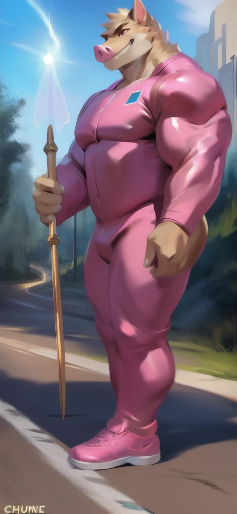  alone, male Tall​,huge​ body​, stand,Holding the magic staff of an angel., road,pig crocodile​,  pink military spacesuit,  heavy overload,  muscle bundle, smirking,by chunie ​