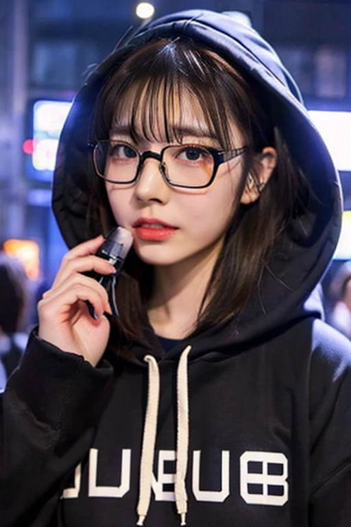 japanese woman, glasses, dj, with headphone, in the club, cyber punk, kawaii, very short cut, crowds around, hoodie