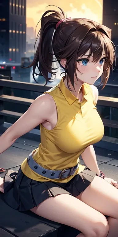  1 female,High Definition,High resolution,  ultra-realistic  ,8K, bbmazaki ,  ponytail ,  hair cap, blue eyes,(( yellow shirt)),collar,   Sleeveless , bracelet,  belt, falda rosa,  Skinny skirt ,  miniskirt,European,sexy, Close-up of the upper body,  photo...