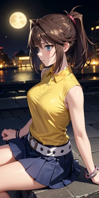  1 female,High Definition,High resolution,  ultra-realistic  ,8K, bbmazaki ,  ponytail ,  hair cap, blue eyes,(( yellow shirt)),collar,   Sleeveless , bracelet,  belt, falda rosa,  Skinny skirt ,  miniskirt,European,sexy, Close-up of the upper body,  photo...