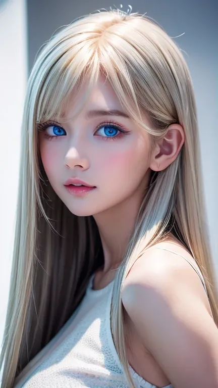 1 cute  girl , solo, high resolution,  long hair,  dazzlingly bright baby blue eyes, bangs,  beautiful blonde, 目の間のbangs, とても long hair,  textured skin,  hair to hide one eye,  shiny hair, Straight Hair, Hair in the eyes, Too much hair,  big breasts,  Brig...