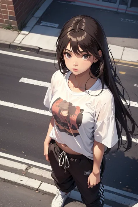  young girl ,  long brown hair dress, wearing a short t-shirt and sweatpants in an urban setting,  looking at the spectator   ((   seen from above)) ((           masterpiece)) ((          extremely detailed     ))