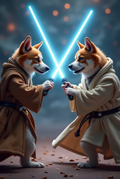 two dogs dressed as Jedi fighting with sabers