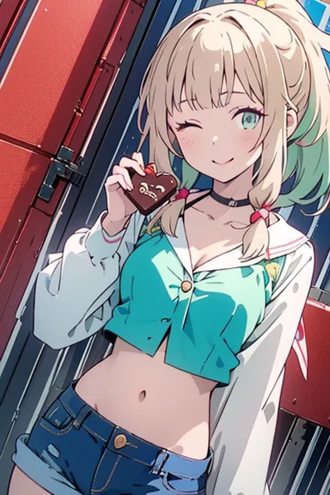 valentine, 1girl, looking at viewer, blush, upper body, light green hair, braid, long hair, blunt bangs, cleavage, dutch angle, street, giving chocolate to viewer, arrogant, smile, crop top, denim shorts, hair ornament, one eye closed, high ponytail, 