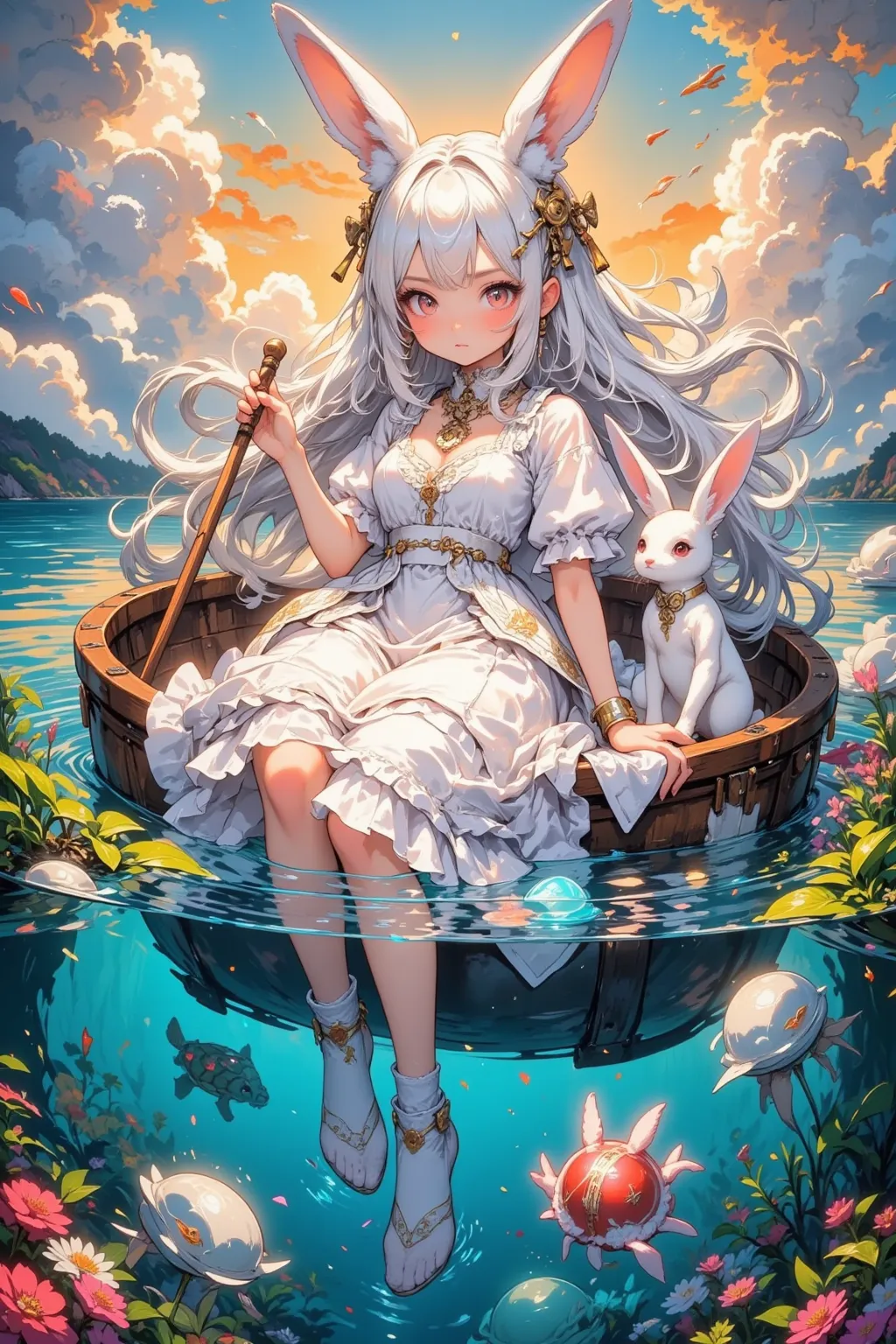 Rabbit girl sitting in a boat on the water,  INNOCENT EXPRESSION,A little rabbit next to a girl,Long white hair and hairy rabbit ears, Rabbit ears are inspired by the curled tips of leaves,Softly drawn fur, A cute dress with lots of frills and lace,The col...