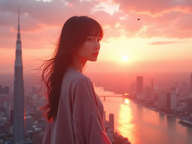   high quality ,   8K Ultra HD  , japanese beauty student ， and a skyscraper flying over the ，U.K. ，A beautiful double exposure that highlights an goddess silhouette with sunset coast, 。 the sunset coast should be used as the bottom background , ，其细节融入女神 ,...