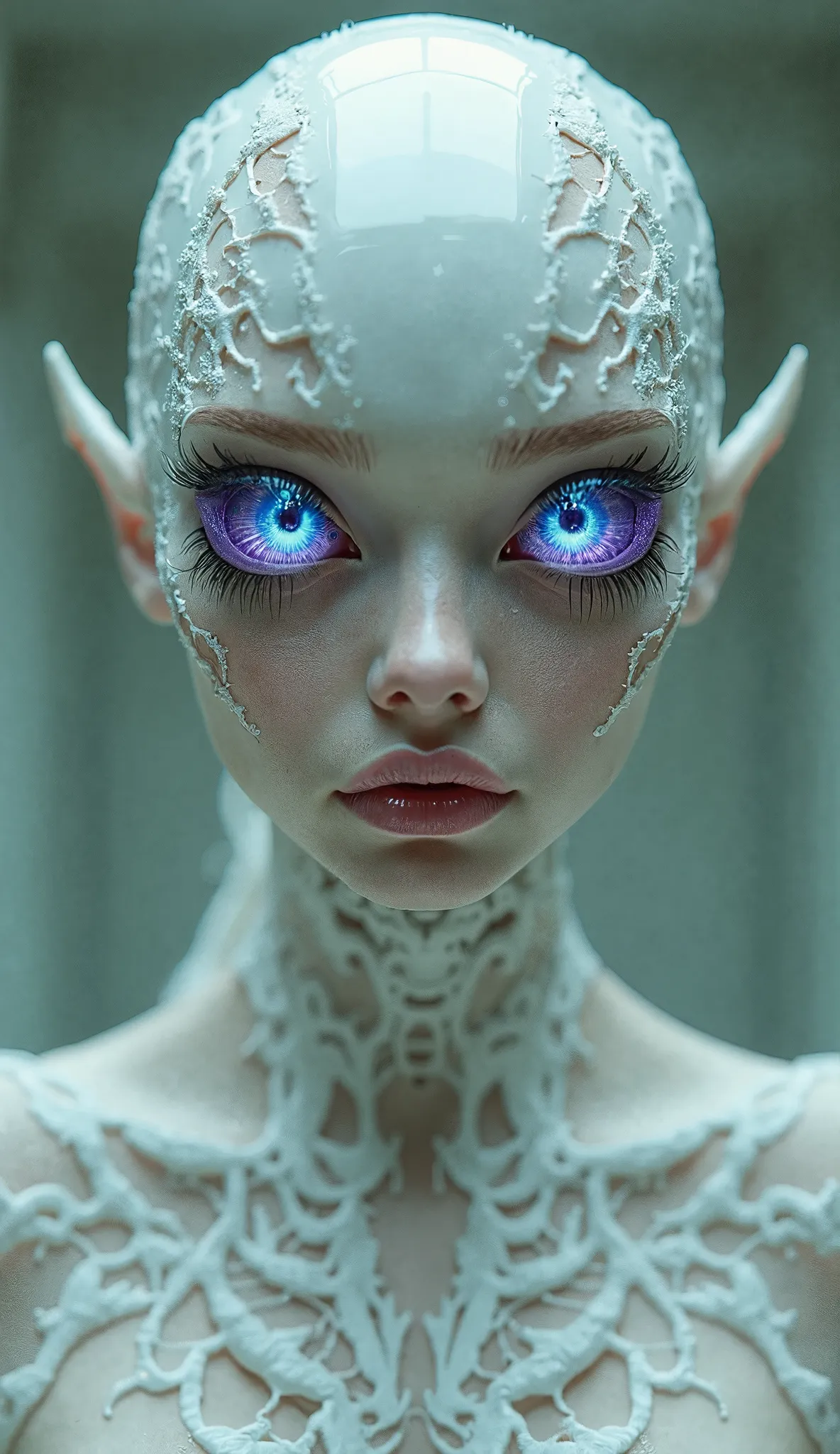 (((ultra realistic))) Photo, masterpiece, top quality, (pale skin), (Ultra detailed face and eyes:1.3), 1 girl, Adult, ((she is wearing lace outfit, ((Eye makeup, pink mascara)), ((very large detailed lips))(24yo slender athletic gothic punk girl, cyborg d...