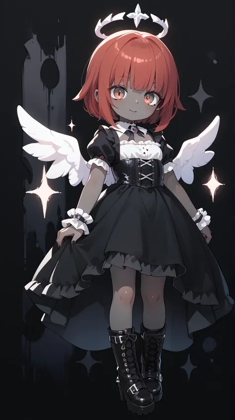 , gothic angel, gothic clothing, gothic boots, red hair, ember eyes, ((((black skin)))), gothic background, full body 