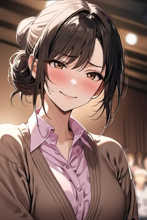 op quality, masterpiece, high resolution, 8k, (1 girl), Alone, (face shot), (((Put the semi-long black hair together in an up bun))),  troubled face, smile, (close up), ( toro face), Blush and watch the audience, milf, pink open collar shirt, (((dark brown...