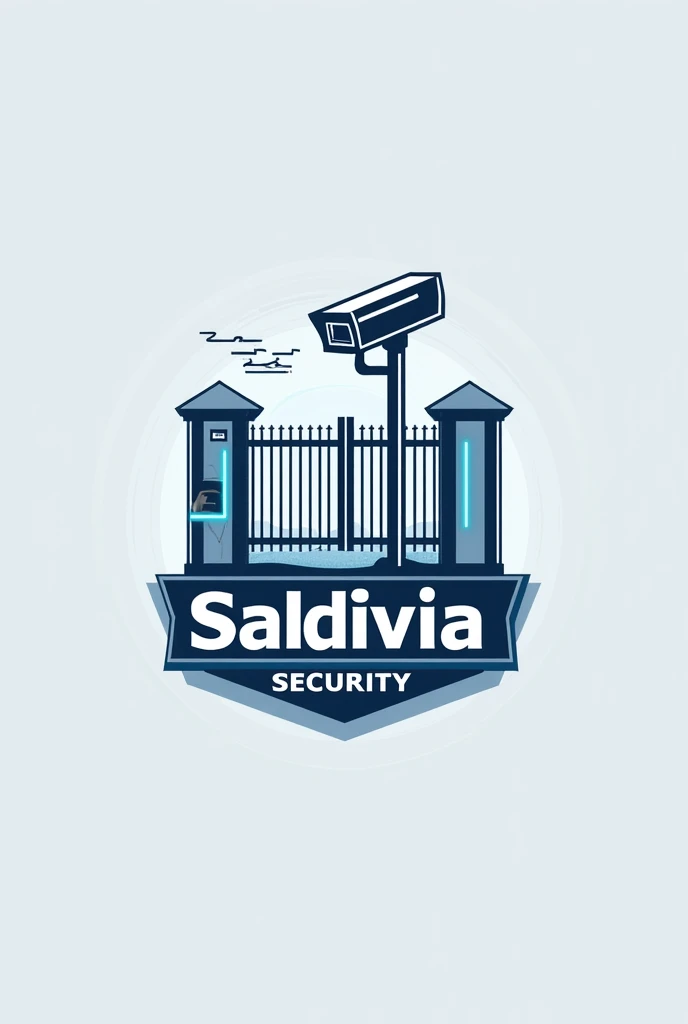 Make me a logo that has a security camera, A gate, a control for the gate and that the name is Saldivia security and that also has a phrase