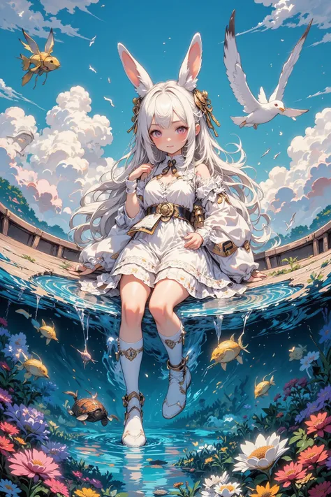 Rabbit girl sitting in a boat on the water,  INNOCENT EXPRESSION,A little rabbit next to a girl,Long white hair and hairy rabbit ears, Rabbit ears are inspired by the curled tips of leaves,Softly drawn fur, A cute dress with lots of frills and lace,The col...