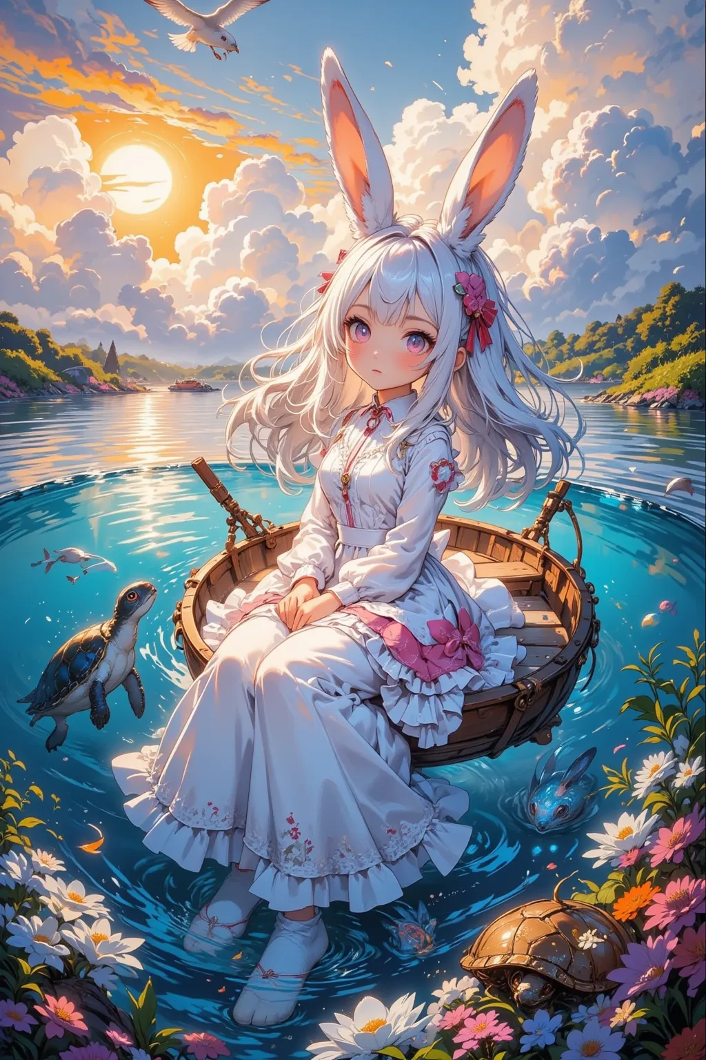 Rabbit girl sitting in a boat on the water,  INNOCENT EXPRESSION,A little rabbit next to a girl,Long white hair and hairy rabbit ears, Rabbit ears are inspired by the curled tips of leaves,Softly drawn fur, A cute dress with lots of frills and lace,The col...